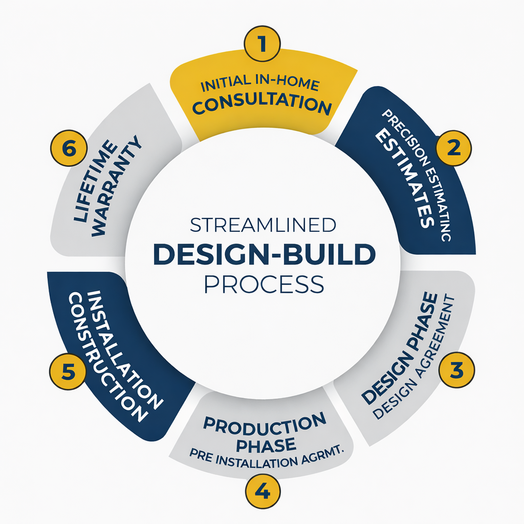 Streamlined Design-Build Process | Ambry Design Tampa Bay Streamlined design-build process diagram showing consultation, estimating, design, production, construction, and warranty by Ambry Design in Tampa Bay