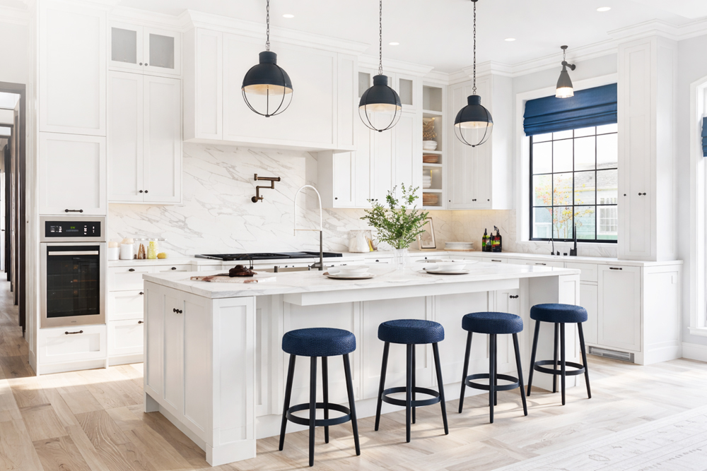 Kitchen Remodeling with Custom Cabinetry and Functional Layout Kitchen remodeling featuring custom cabinetry, large island seating, and durable finishes designed for everyday use