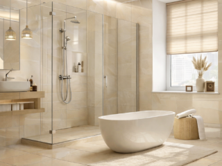 Modern bathroom remodel in Tampa Bay with freestanding tub and frameless glass shower