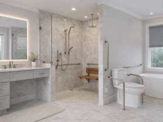 Accessible bathroom remodel in Tampa Bay with curbless shower and grab bars