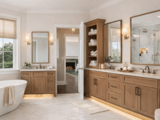 Bathroom remodel in Tampa Bay with custom vanity, soaking tub, and glass shower