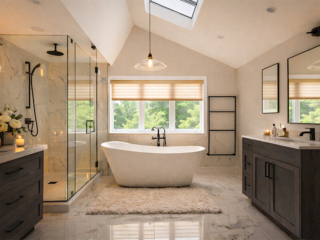Luxury bathroom remodel in Tampa Bay with freestanding tub, skylight, and frameless glass shower