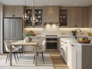 Modern natural wood kitchen remodeling in Tampa Bay with custom cabinetry, large island, and pendant lighting.