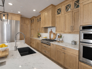 Warm oak kitchen remodeling in Tampa Bay featuring custom wood cabinetry, quartz countertops, and stainless steel appliances.