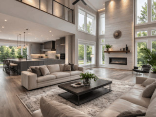 Full-home remodeling project in Tampa Bay featuring modern open living room, fireplace feature wall, loft overlook, and integrated kitchen design