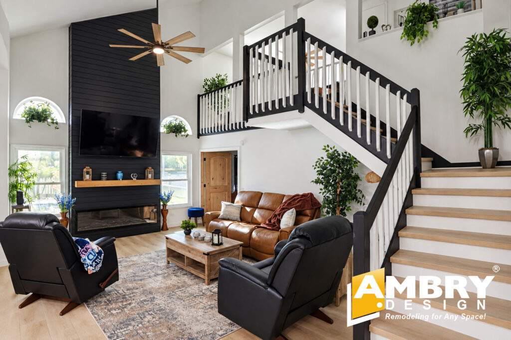 Full-home remodel after (B&A #8) - Ambrydesign.com Full-home remodel by Ambry Design: living room and new staircase railing