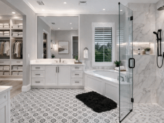 Remodeled bathroom with white shaker vanity, built-in soaking tub, frameless glass shower and patterned tile floor